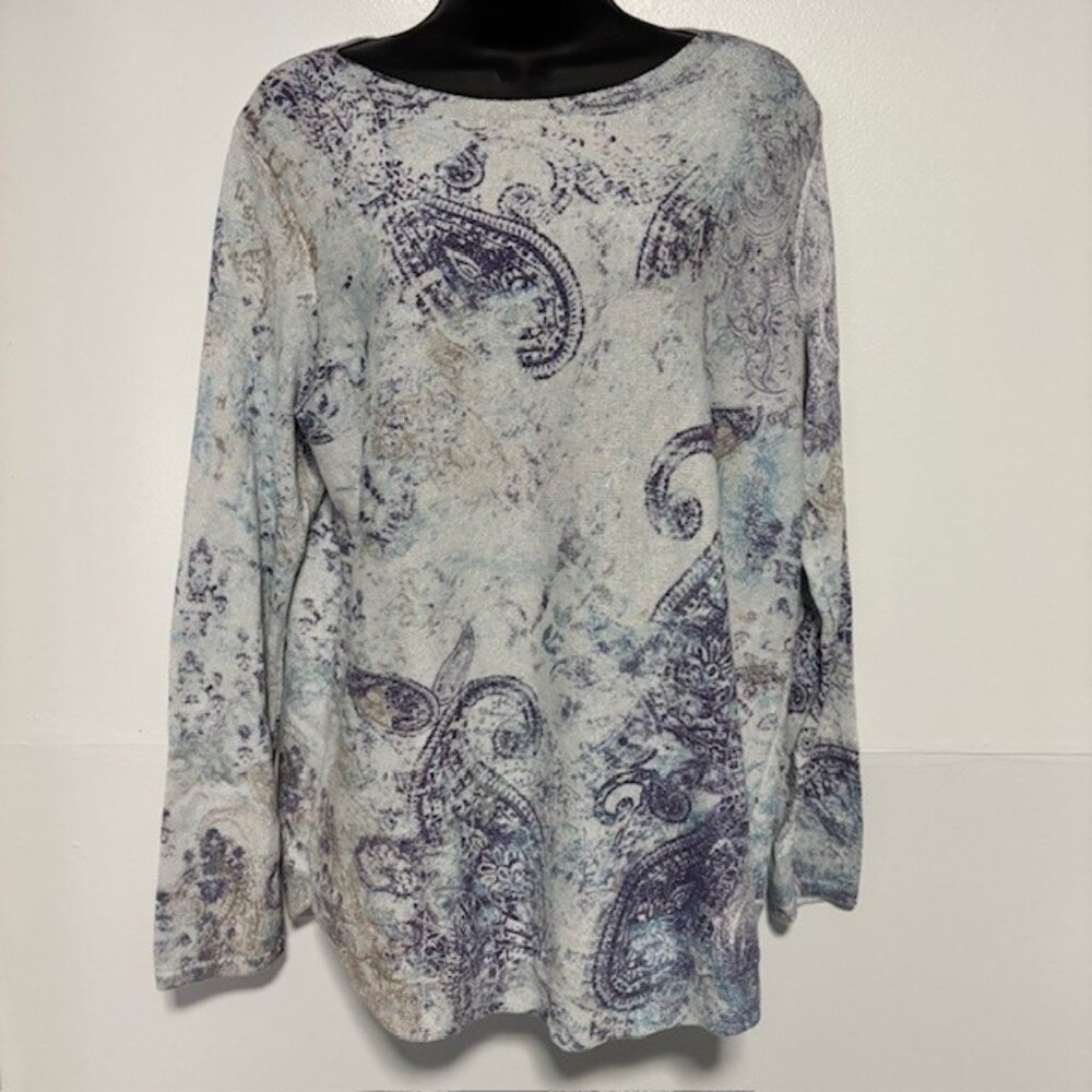 Chico's 1 M Paisley Metallic Shimmer Knit Top Blue Purple Silver Long Sleeve - Picture 2 of 7